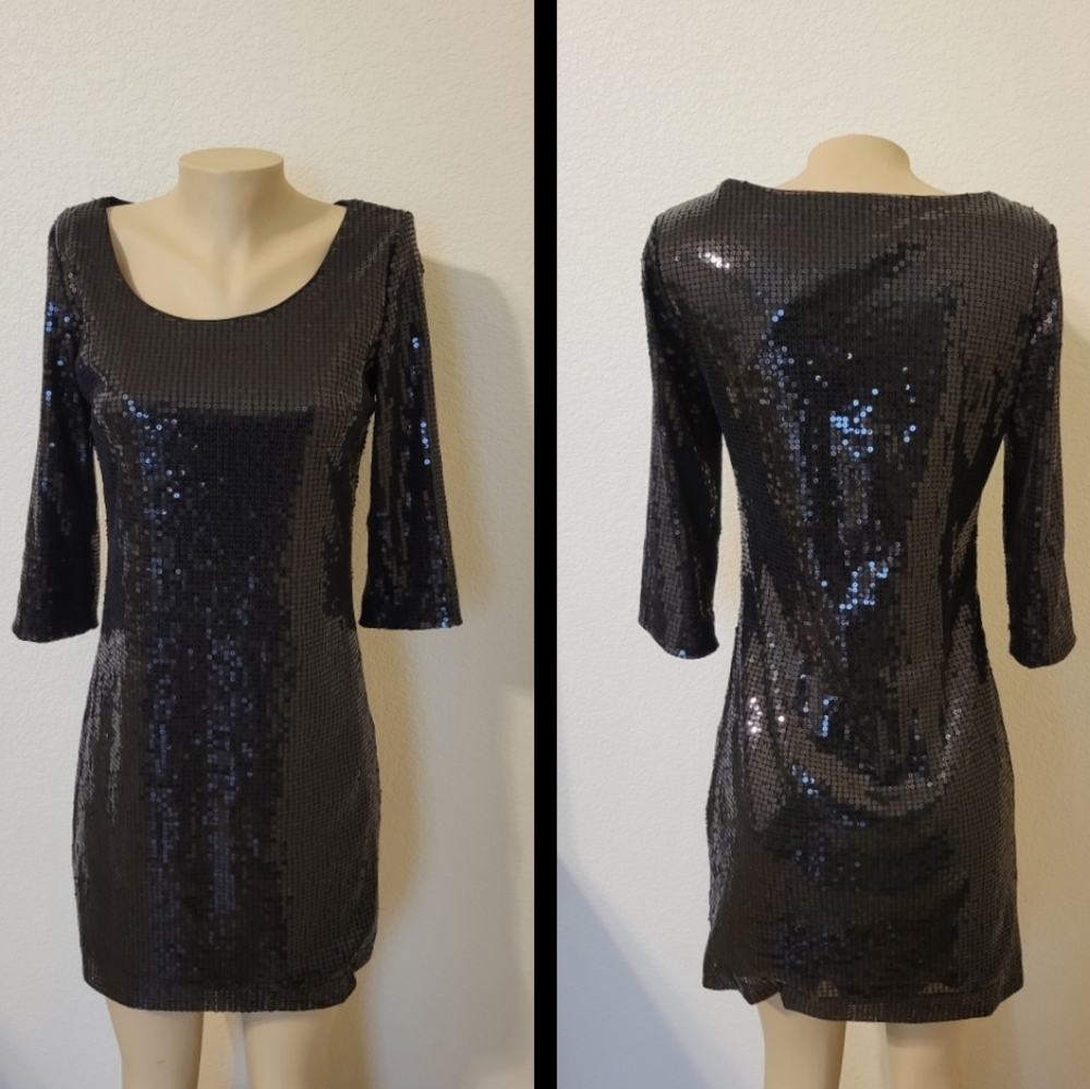 WHBM cocktail black sequin sheath dress s